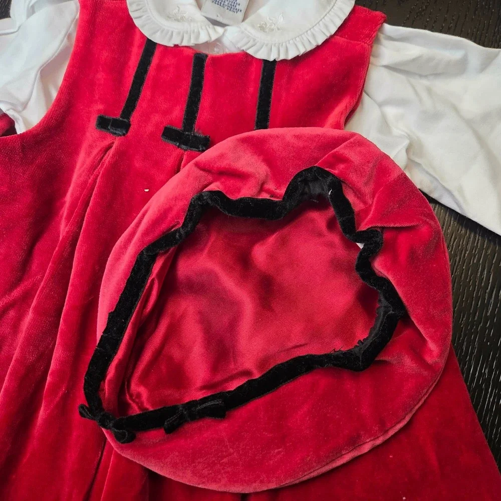 Vintage 1998 Gymboree Red Velvet Dress Set Beret Hat Blouse Infant 6-12 Months